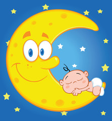 Baby Boy Sleeps On The Smiling Moon Over Blue Sky With Stars
