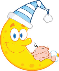 Cute Baby Boy Sleeps On The Smiling Moon With Sleeping Hat