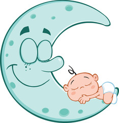 Cute Baby Boy Sleeps On Blue Moon Cartoon Characters