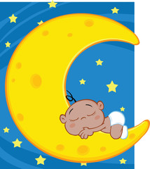 Cute African American Baby Boy Sleeps On Moon Over Blue Sky