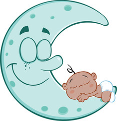 Cute African American Baby Boy Sleeps On Blue Moon Characters