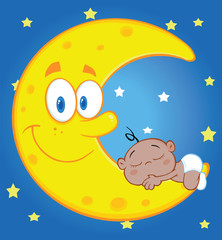 Cute Baby Boy Sleeps On The Moon Over Blue Sky With Stars