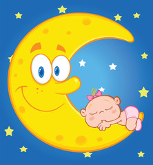 Baby Girl Sleeps On The Smiling Moon Over Blue Sky With Stars