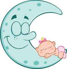 Cute Baby Girl Sleeps On Blue Moon Cartoon Characters