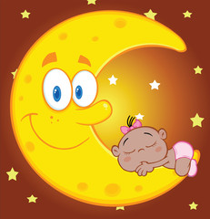 Cute African American Baby Girl Sleeps On The Smiling Moon