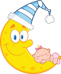 Cute Baby Girl Sleeps On The Smiling Moon With Sleeping Hat