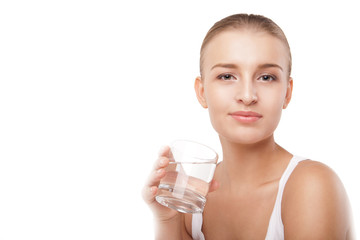 Girl drinking water from glass isolated