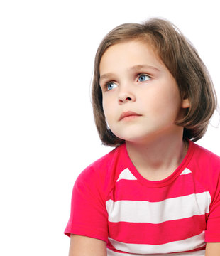 portrait of a sad girl o in red shirt on a white background