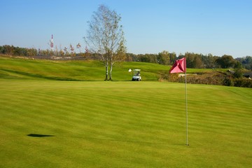 Obraz premium Green of golf course with golf-cart car