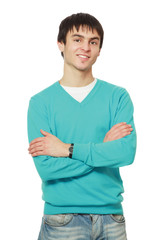 A young man wearing glasses, isolated on a white background