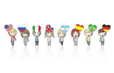 Group of kids holding heart flags