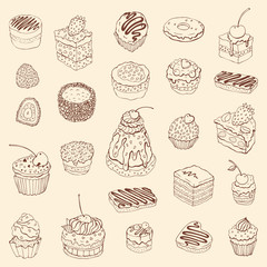 Set of cute cake. Outline illustration