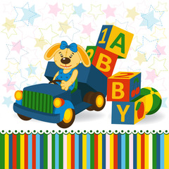 Obraz premium rabbit on truck unload baby blocks - vector illustration