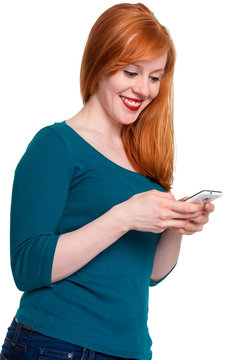 Smiling Cute Redhead Texting, On White