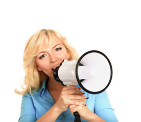 portrait of young girl shouting with megaphone