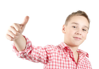 Teenager showing thumbs up, white background