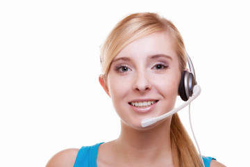 Girl with headphones and microphone headset on white