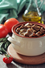 Goulash in a ceramic pot