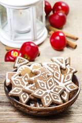 Christmas gingerbread cookies on wooden table. Beautiful symbol