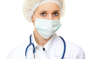 Portrait of serious young woman doctor with mask and cap.