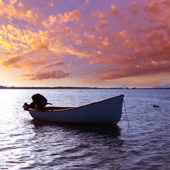 Boat sunset  Estany des Peix in Formentera Balearic Island