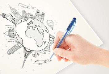 Hand drawing vacation trip around the earth with landmarks and c