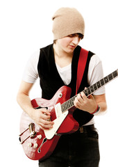 Obraz premium A portrait of a young guitarist , isolated on white background