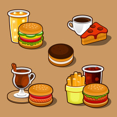 Set of colorful cartoon fast food and cake.