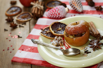 Christmas background of Homemade oven baked stuffed apples