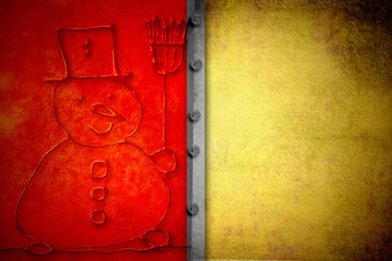 red Christmas background, children's art snowman and blank