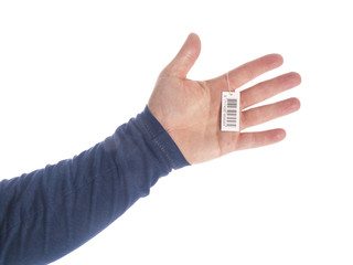 hands with bar code on a white background - 58725593