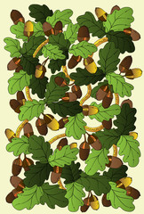 Graphic background with oak leaves and acorns.