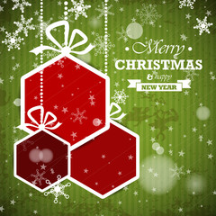 green striped retro christmas card with red hexagonal balls