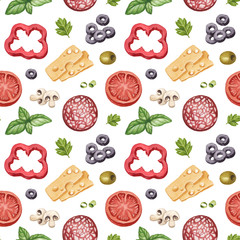 Pattern with watercolor illustration of food ingredients