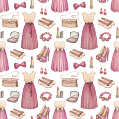 Watercolor fashion illustrations collection. Seamless pattern