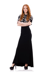 Redhead in black dress isolated on white