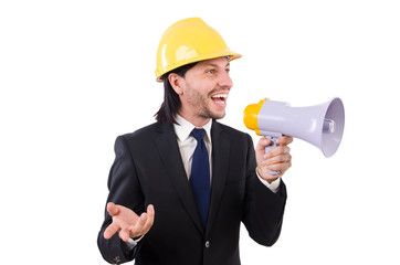 Fototapeta premium Man with helmet and loudspeaker on white