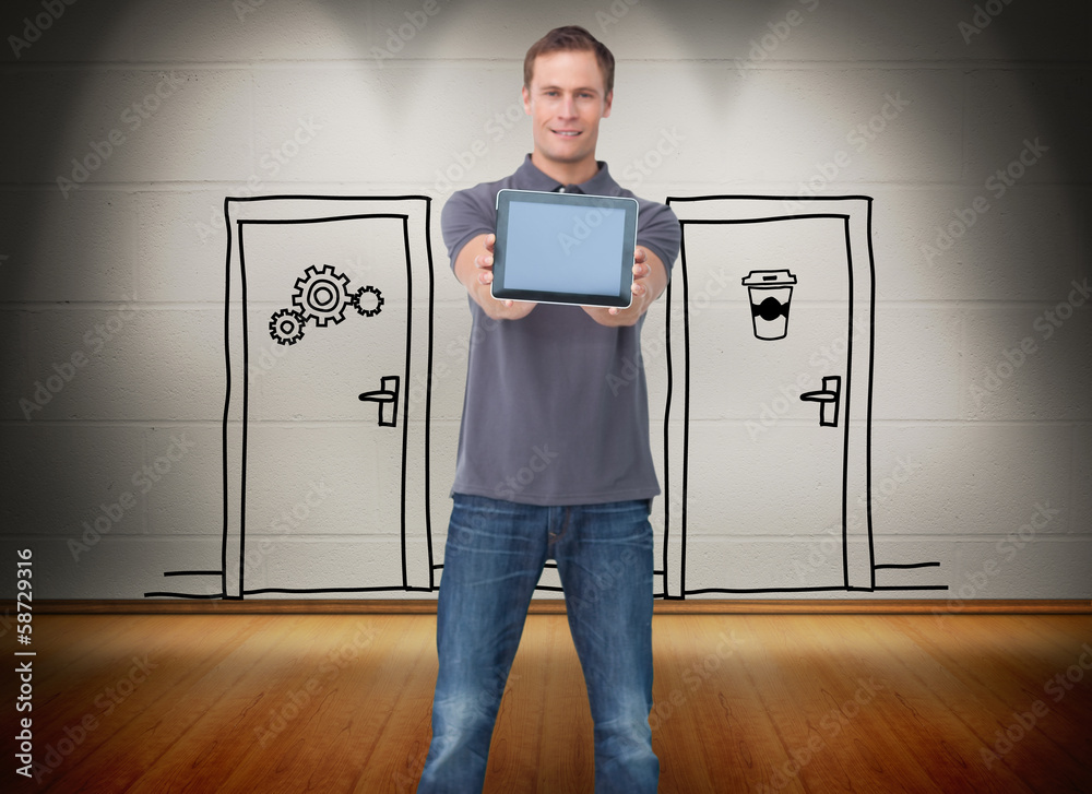 Aufkleber composite image of young man showing screen of his tablet comput