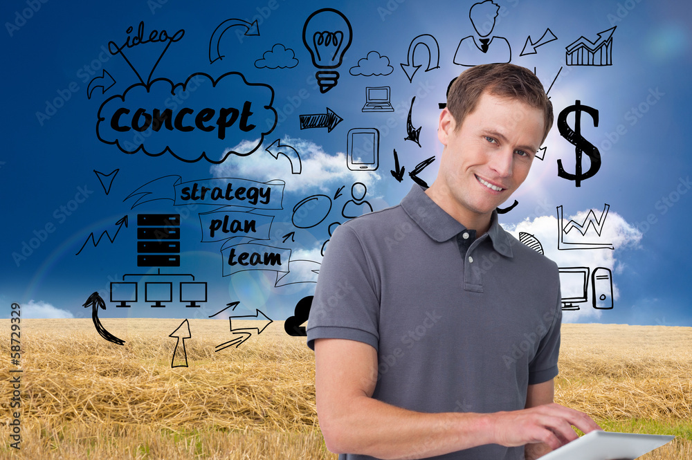 Poster Composite image of smiling young man with tablet computer
