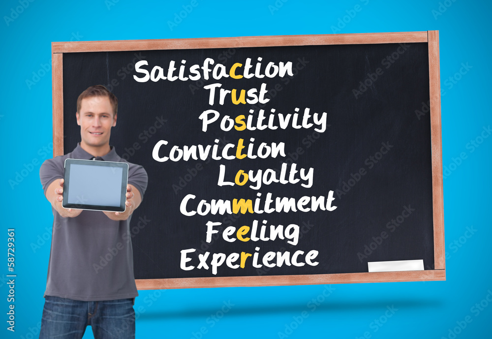 Poster Composite image of young man showing screen of his tablet comput