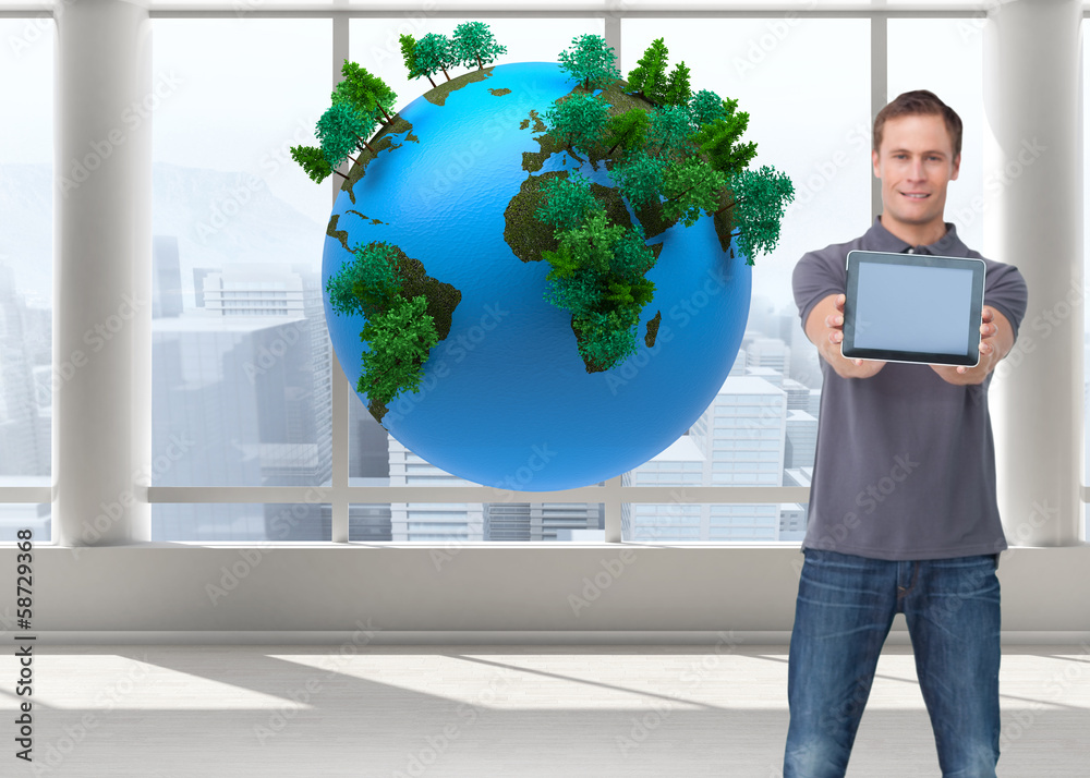 Poster Composite image of young man showing screen of his tablet comput