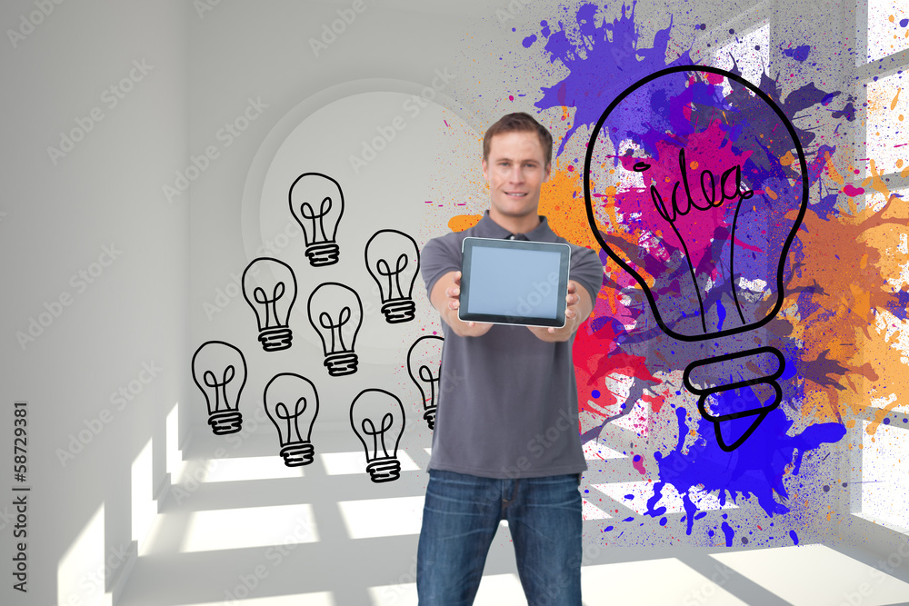 Poster Composite image of young man showing screen of his tablet comput