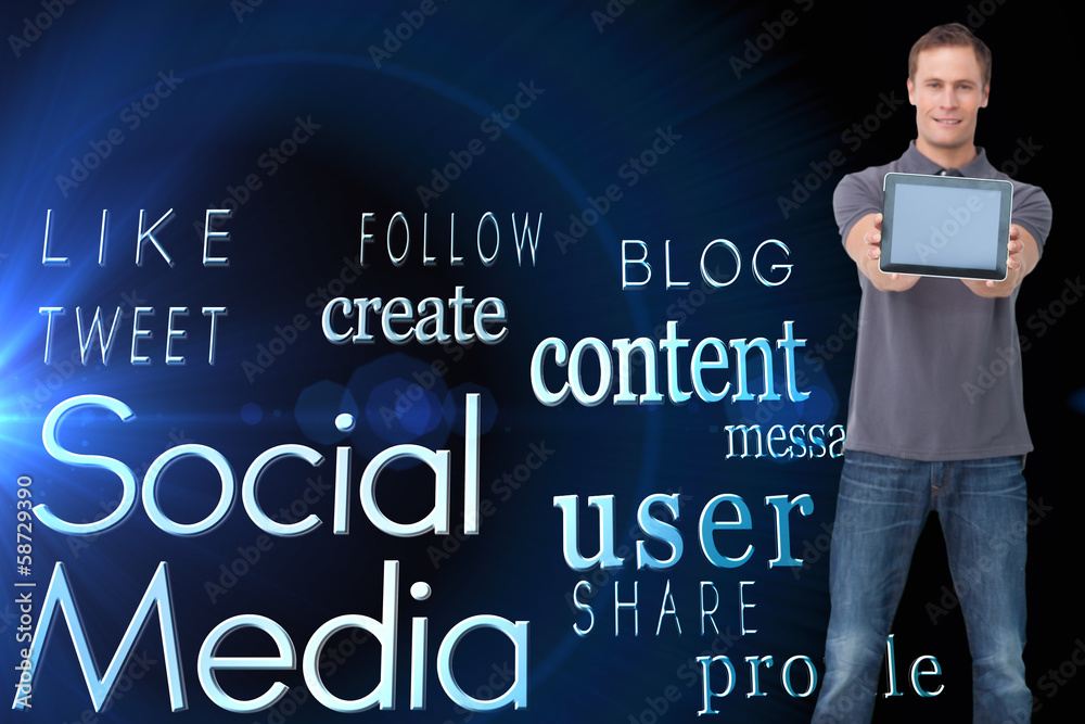 Poster Composite image of young man showing screen of his tablet comput