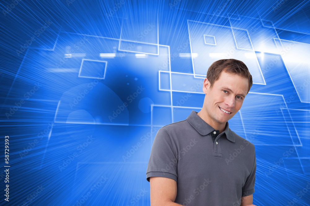 Poster Composite image of smiling young man with tablet computer
