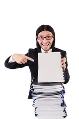 Funny man with lots of papers on white