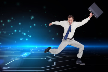 Fototapeta na wymiar Composite image of cheerful jumping businessman with his suitcas