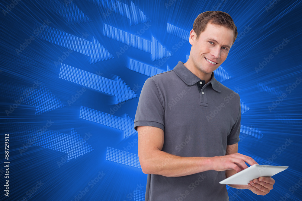 Poster Composite image of smiling young man with tablet computer