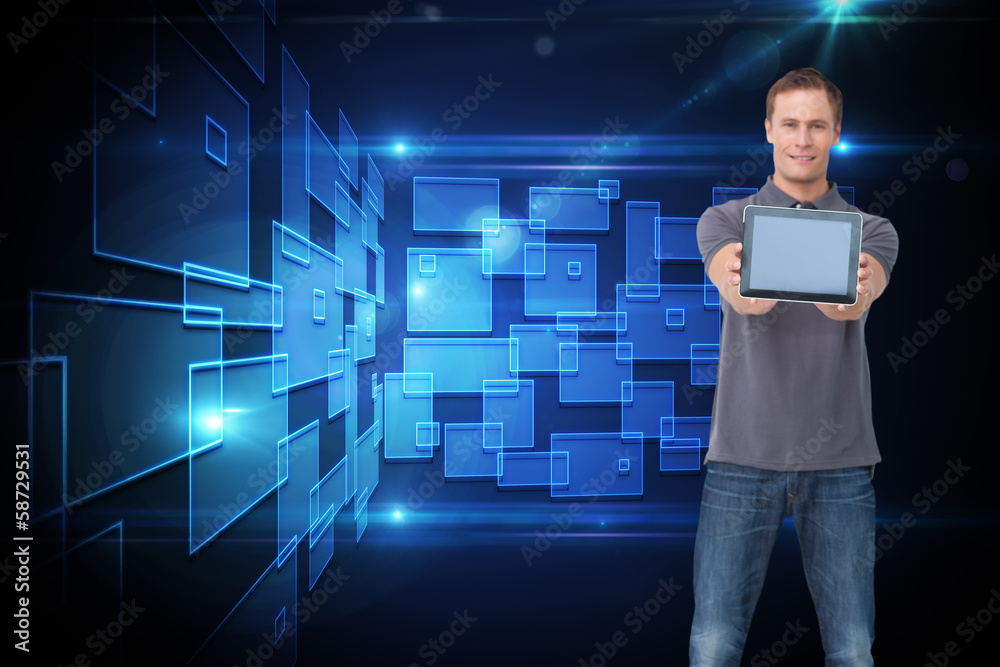 Poster composite image of young man showing screen of his tablet comput