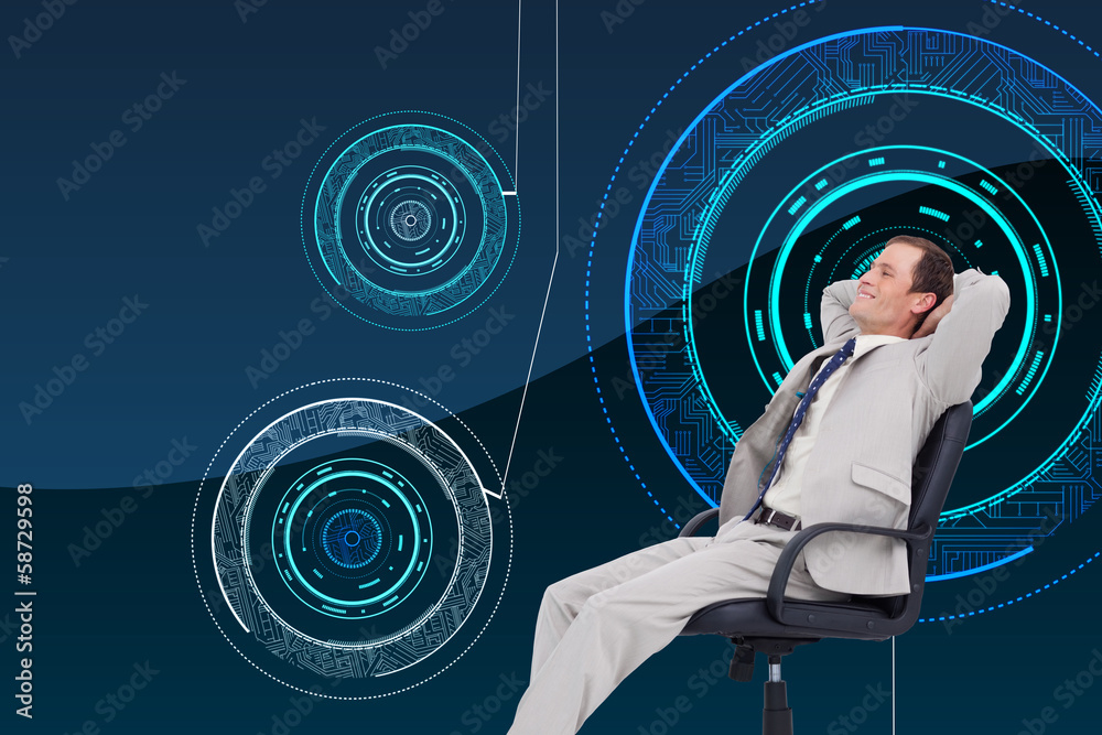 Poster composite image of side view of businessman leaning back in his