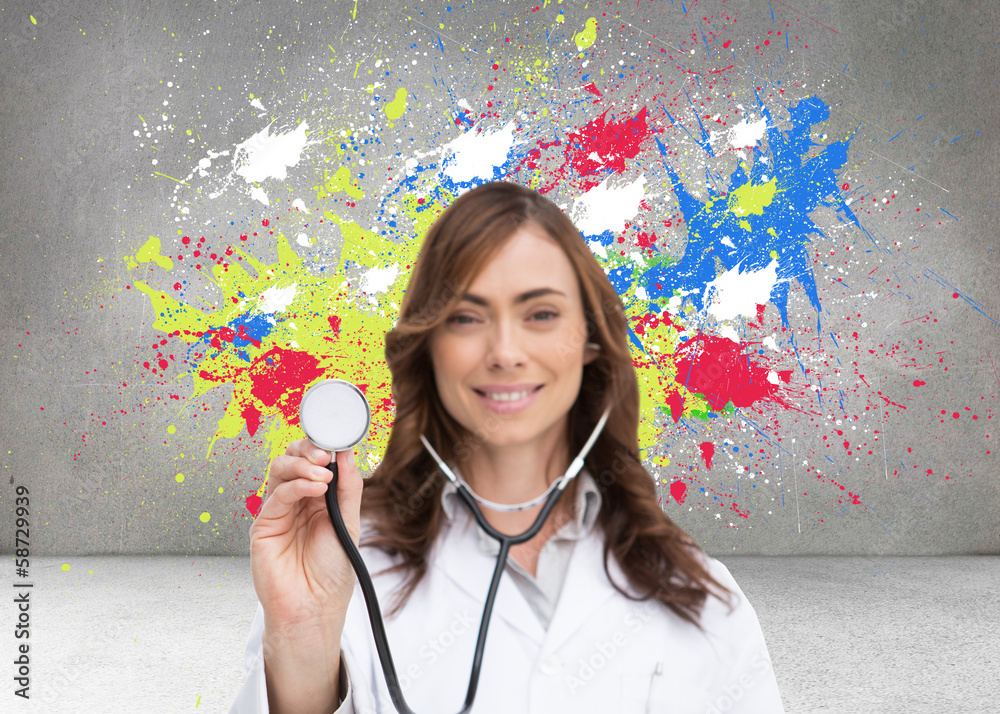 Poster composite image of happy doctor using stethoscope